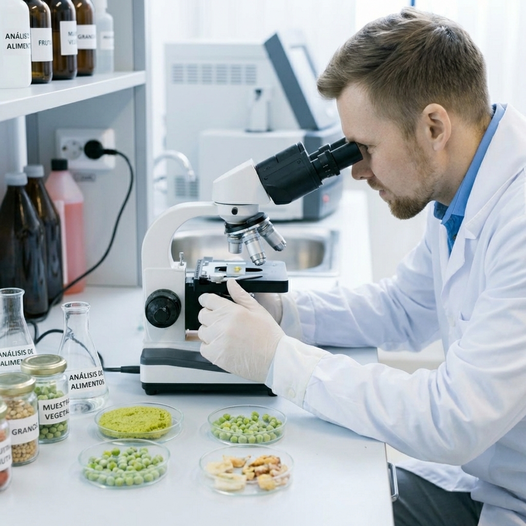 Técnico analizando muestras de alimentos en laboratorio